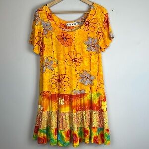 Vintage Jams World Hattie Dress in Sun Grid XS Short Sleeve Ruffle Hem Colorful